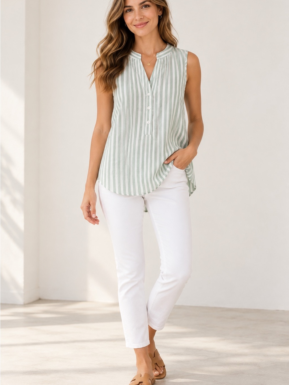 CUPSHE Sage Green White Striped Sleeveless Button Blouse Size Small NWT
